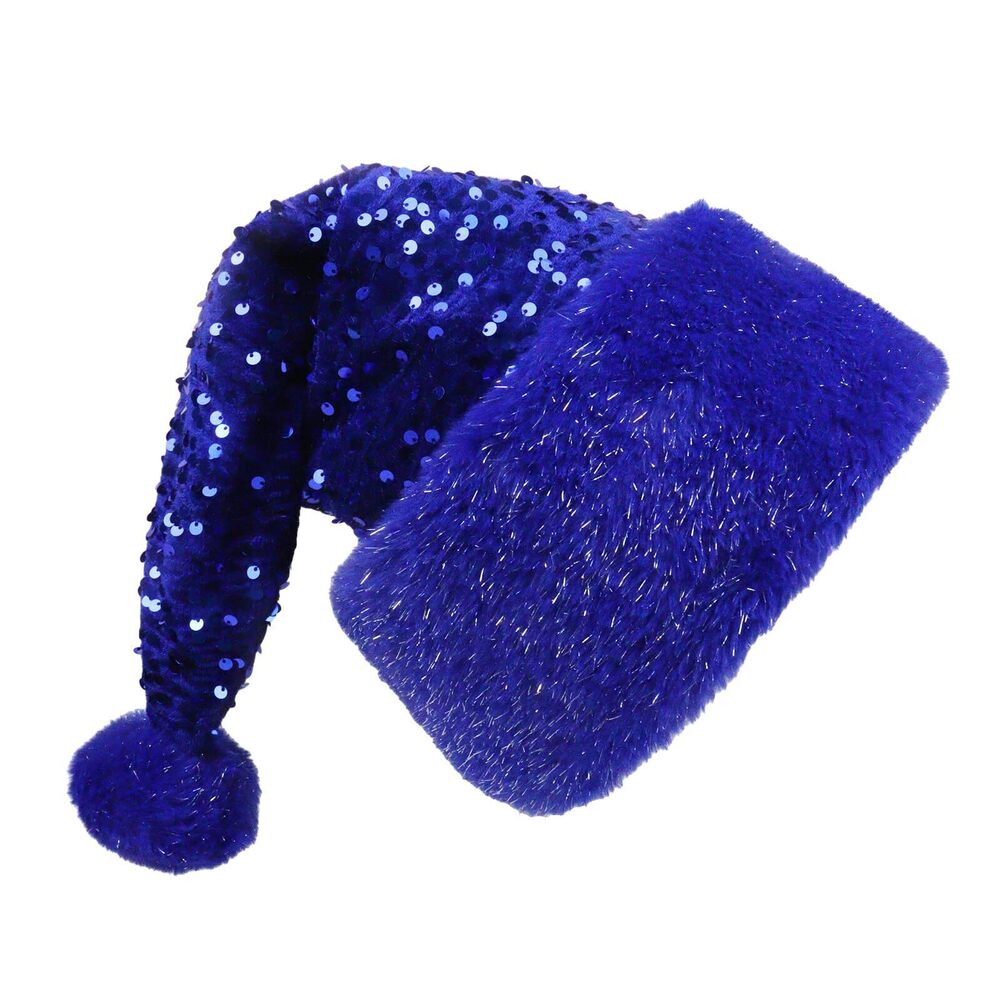 3375 Blue Sequins Santa Hat Plush Hat Comfortable Holiday Soft Hats